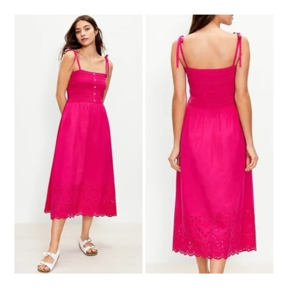 LOFT Size XS Bright‎ Pink Eyelet Smocked 100% Cotton Midi Dress